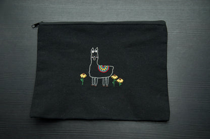 Zip Pouch- Embroidered Alpaca In Flower Field