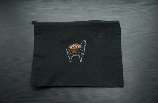 Zip Pouch - Fluffy Embroidery Alpaca With Flower Basket