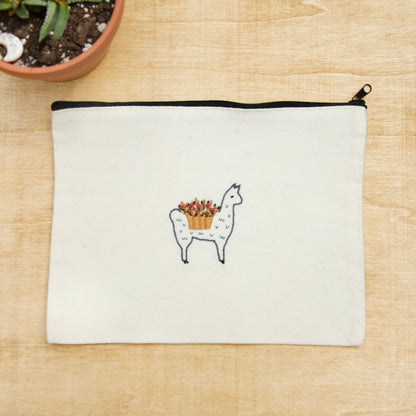 Zip Pouch - Embroidery Alpaca With Flower Basket