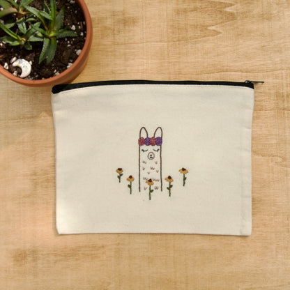 Zip Pouch- Embroidery Alpaca In Flower Field