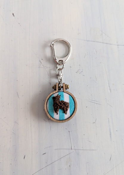 Keychain with embroidered design of an alpaca on a light blue background, attached to a metal clasp.