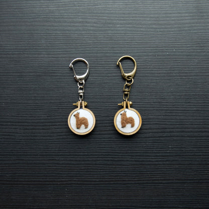 Two needle felt alpacas on small wooden keychains on a dark surface