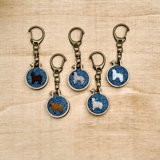 Round keychains with small embroidered alpaca designs on a wood surface