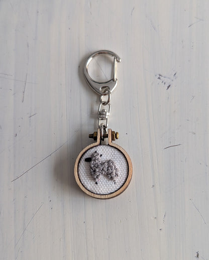 Keychain with embroidered llama design on a light gray background