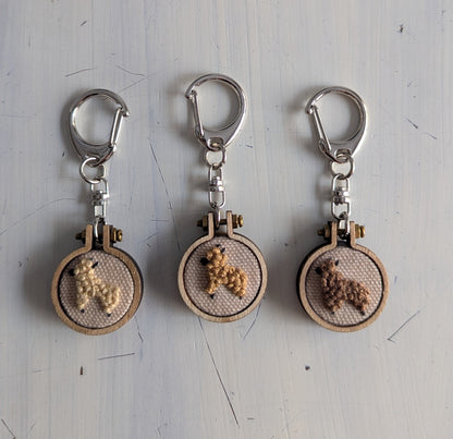 Three embroidered keychains with alpaca designs on a light gray surface