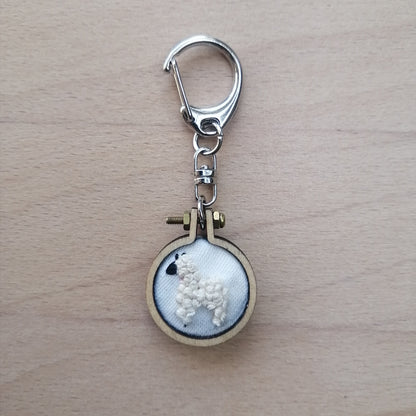 Round keychain with a small embroidered alpaca design on a wood surface with a potted plant nearby