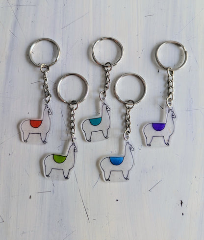 Set of five llama-shaped keychains with colorful pads on a white background