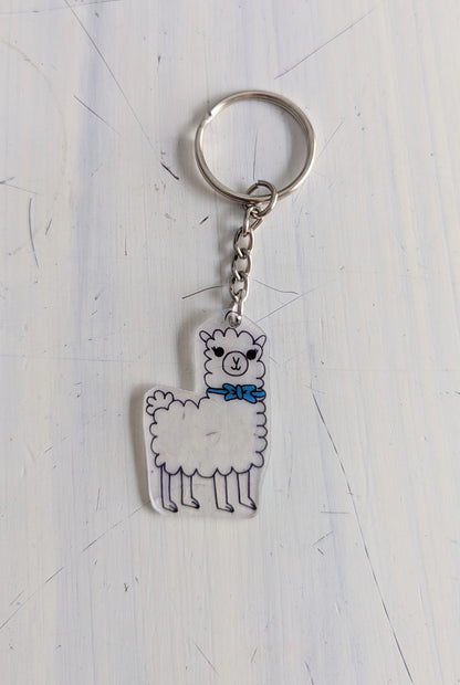 Keychain with a llama design on a light gray surface
